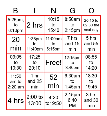 Elapsed Time Bingo Card