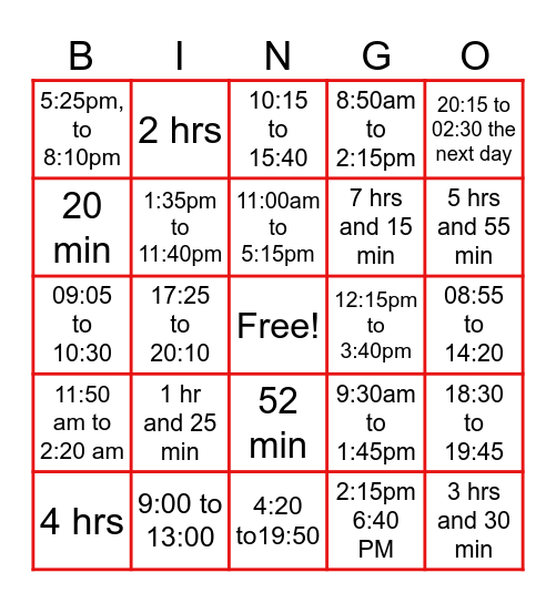 Elapsed Time Bingo Card