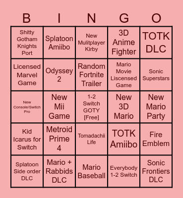 Nintendo Direct Bingo Card