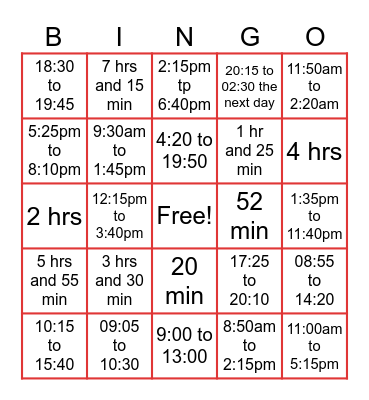 Elapsed Time Bingo Card
