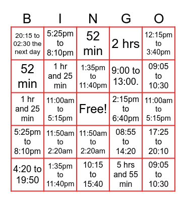 Elapsed Time Bingo Card