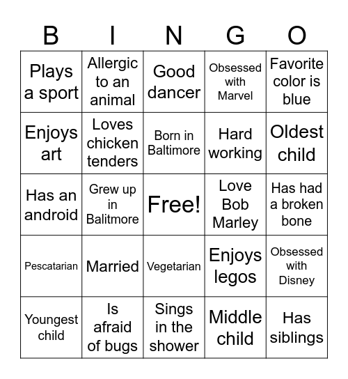 Ice Breaker Bingo Card