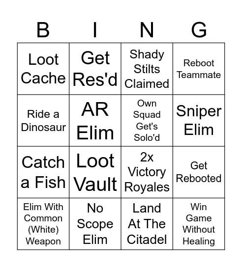 Fortnite Bingo Card