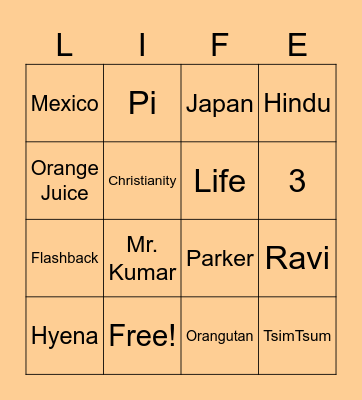 The Life of Pi Bingo Card