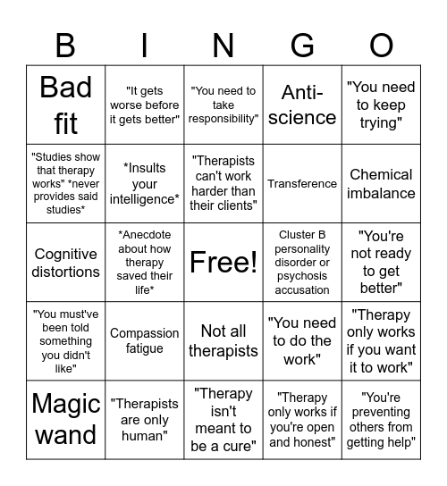 Responses to people who criticize therapy Bingo Card