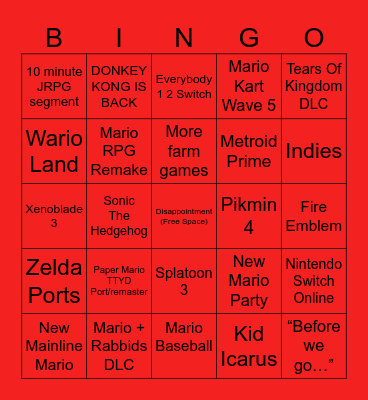 Nintendo Direct Bingo Card
