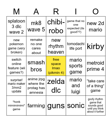 June 21st Nintendo Direct Bingo Card