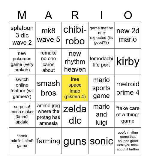 June 21st Nintendo Direct Bingo Card