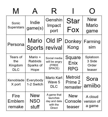 Nintendo Direct 6.21.2023 Bingo Card