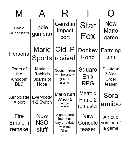 Nintendo Direct 6.21.2023 Bingo Card