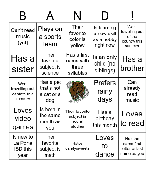 Baker Band Bingo Card