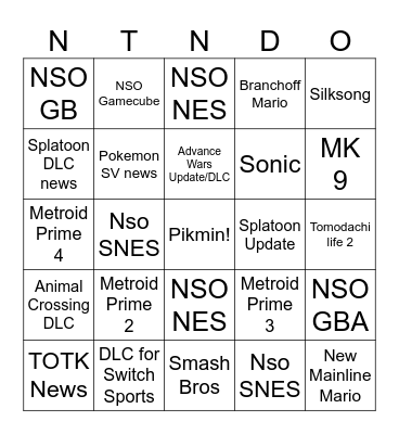 Nintendo Bingo Card