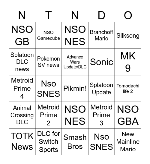 Nintendo Bingo Card