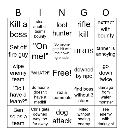 Hunt Showdown Bingo Card