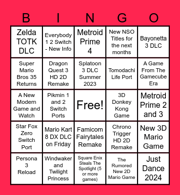 NINTENDO DIRECT 6.21.23 BINGO Card