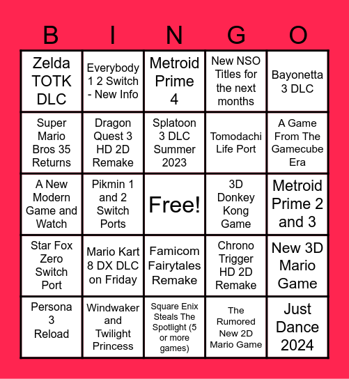 NINTENDO DIRECT 6.21.23 BINGO Card