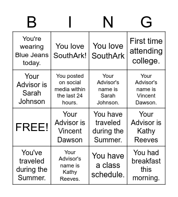 New Student Orientation Bingo Card