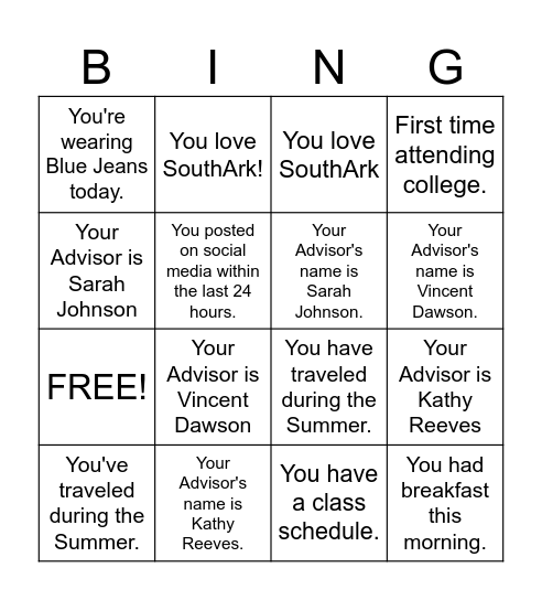 New Student Orientation Bingo Card