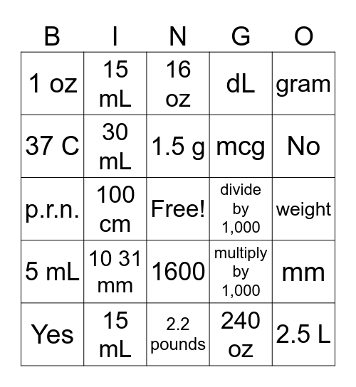 Unit Measure Bingo Card