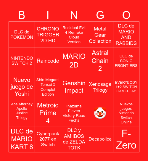 NINTENDO DIRECT Bingo Card