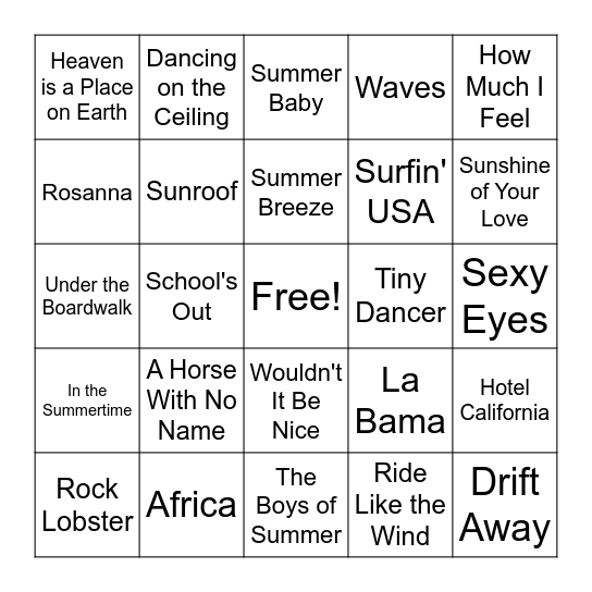 Songs of Summer Bingo Card