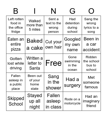 Never Have I Ever Bingo Card
