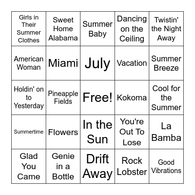 Songs of Summer Bingo Card