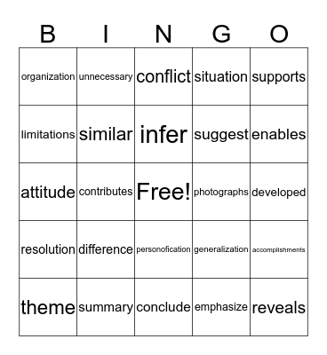 Reading Vocabulary Bingo Card