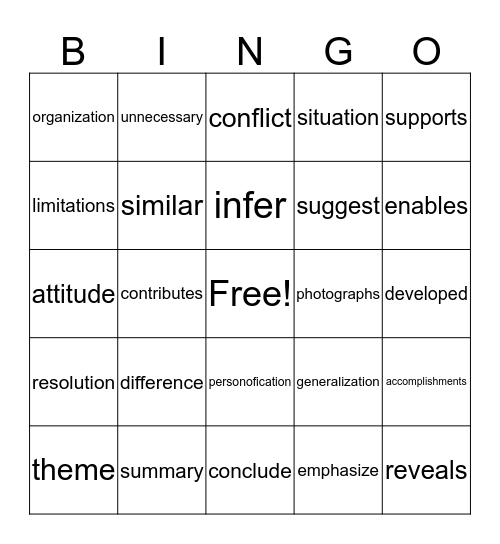 Reading Vocabulary Bingo Card