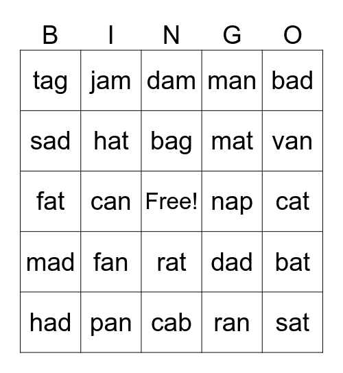 'a' sound words Bingo Card
