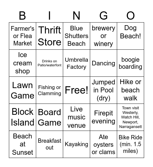 Charlestown Beachhouse Bingo Card