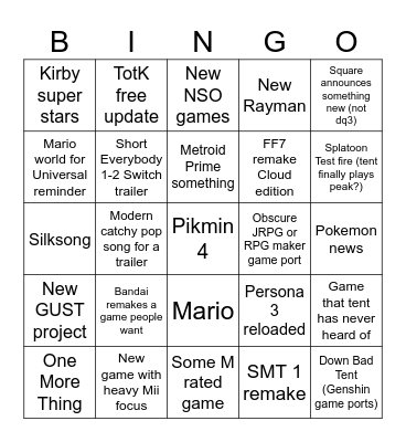 Nintendo Direct Bingo Card