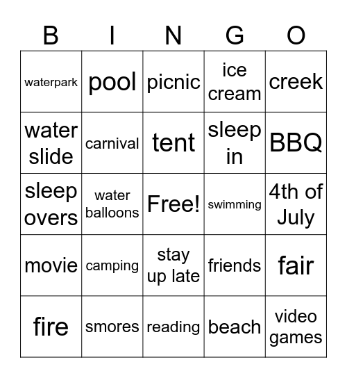 Summer Vacation Bingo Card