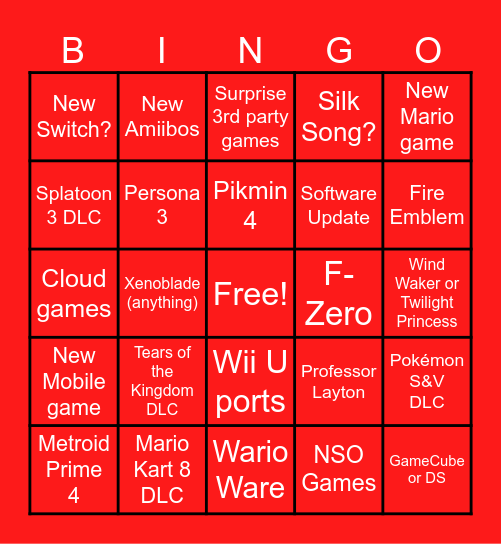 NINTENDO DIRECT Bingo Card