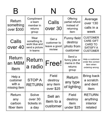 Returns Bingo Card