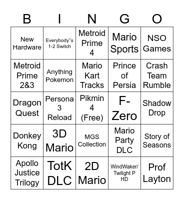 Nintendo Direct 6/21/23 Bingo Card