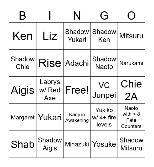 P4A Characters That Make Me Want to KMS Bingo Card