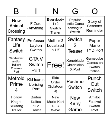 Nintendo Direct Bingo Card