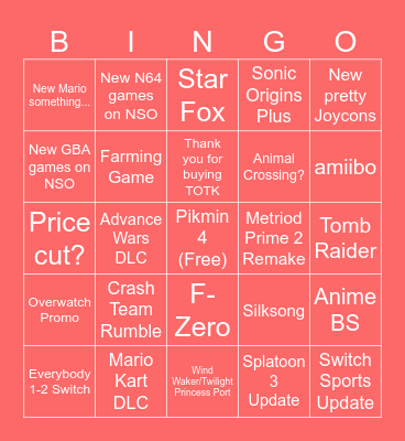 Nintendo Direct Bingo Card