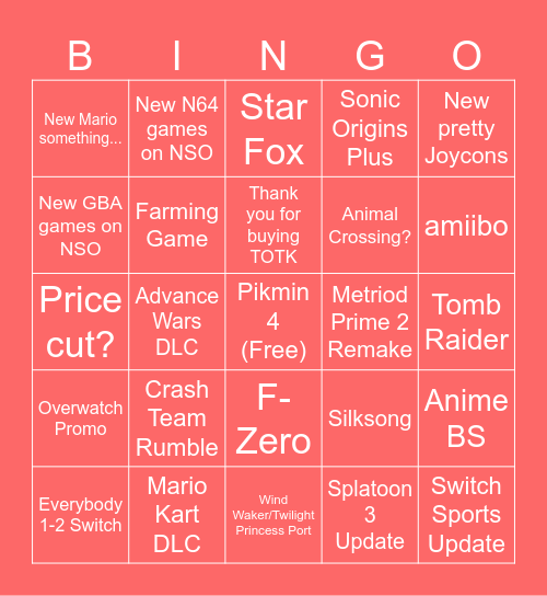 Nintendo Direct Bingo Card