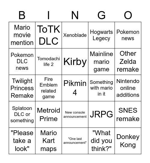 nintendo Bingo Card