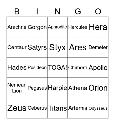 Toga Party Bingo Card