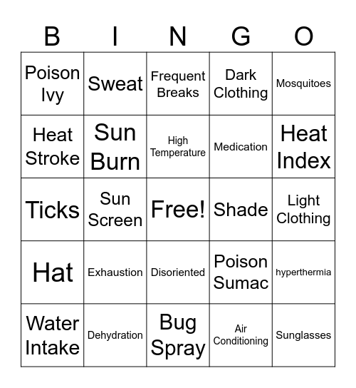 Warm Weather Safety Bingo Card