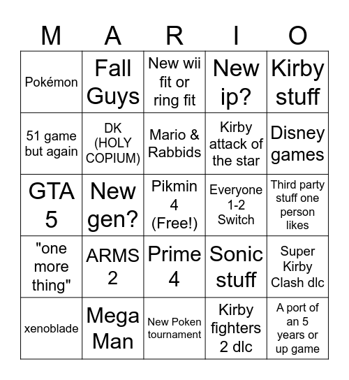 Nintendo Bingo 6/21/23 Bingo Card