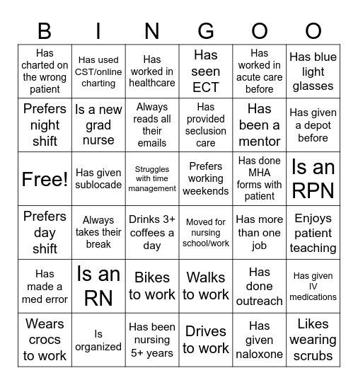 Nursing Bingo Card