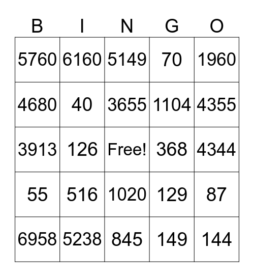 Multiplication & Division Bingo Card