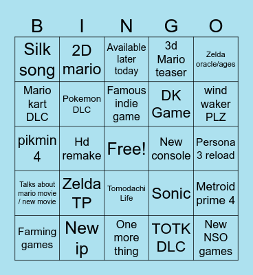 Nintendo direct Bingo Card