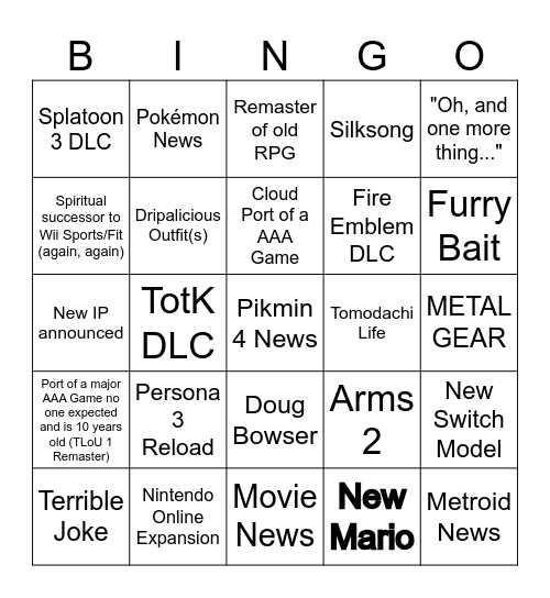 Nintendo Direct Bingo Card Bingo Card