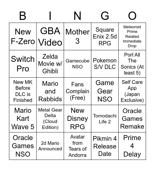 Nintendo Direct for 6/21/23 Bingo Card