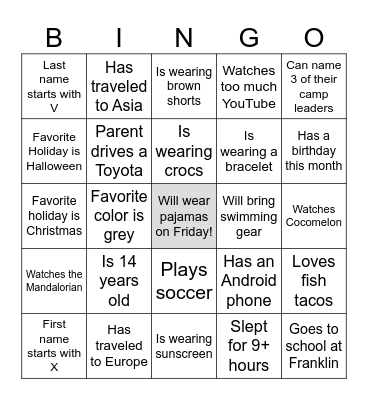 PAJAMA WEEK Bingo Card